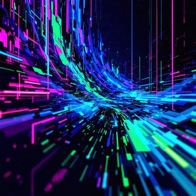 The primary subject of the image is a colorful, abstract design featuring a mix of blue, green, and pink colors. The setting is a black background, which contrasts with the vibrant colors of the design. The visual style appears to be a combination of digital art and illustration, creating a unique and eye-catching pattern. The overall atmosphere is lively and energetic, with the colors and design elements working together to create a captivating and dynamic image.